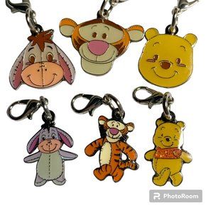 Vintage Disney Winnie The Pooh Tigger Eeyore 6 Charms Purse Zipper Pull Clip On